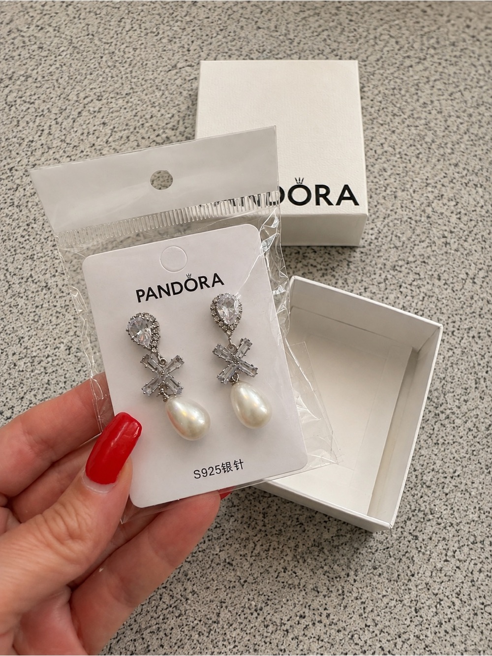 Pandora Silver Pearl Drop Earrings with Clear CZ Accents - White